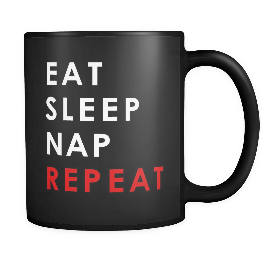 Eat Sleep Nap Repeat Black Mug